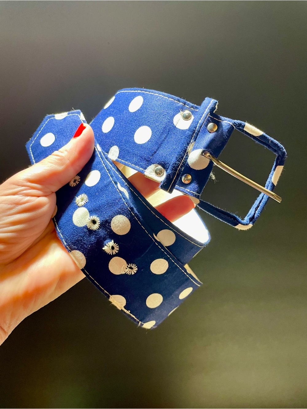Vintage Navy Polka Dot Women's Fabric Belt with Silver Buckle